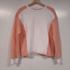 Evereve Sundry Peach/White Colorblock Sweatshirt Size 2 Medium Crew Neck Raw Hem